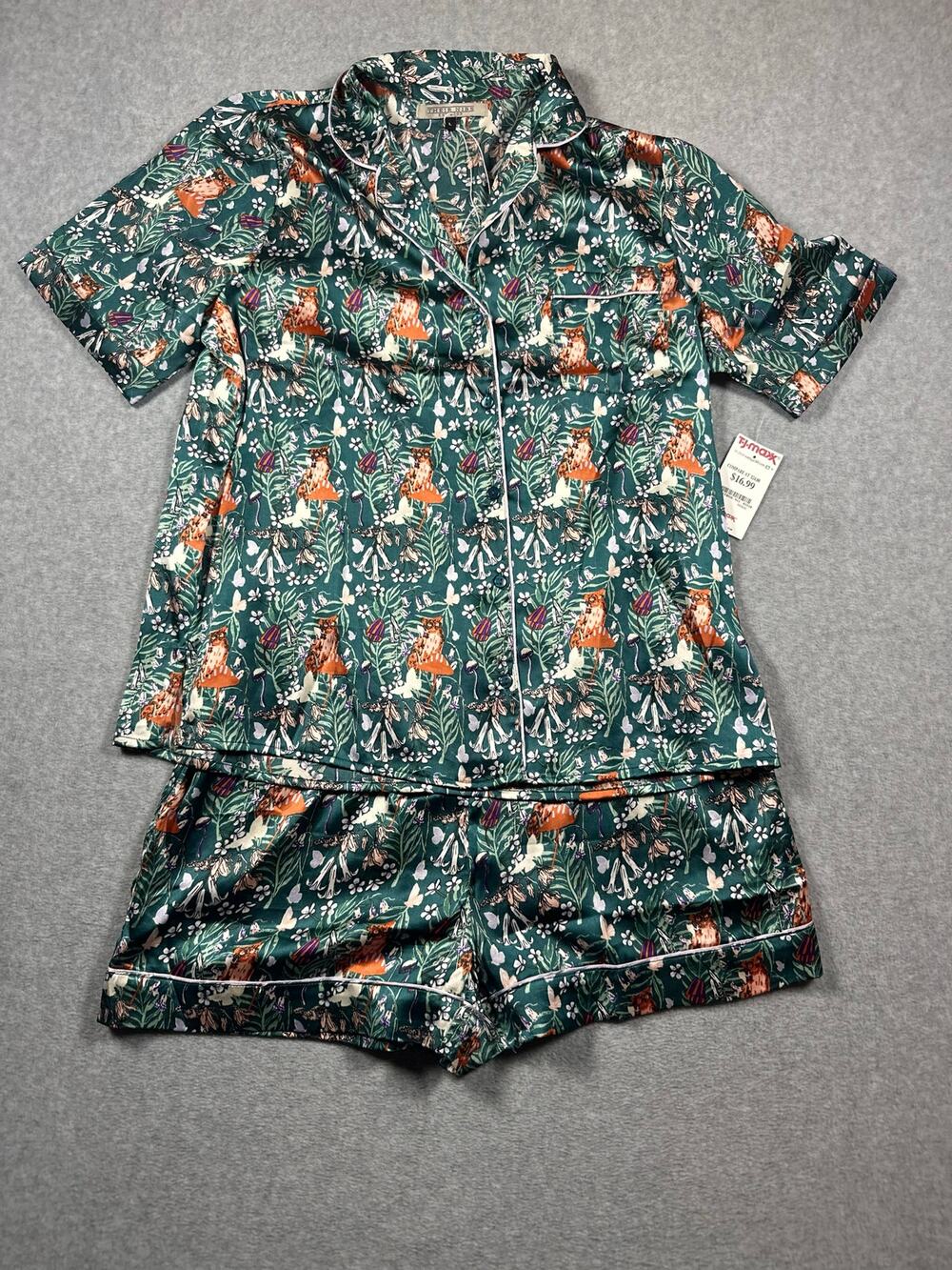 Their Nibs Satin Shortie Pyjama Set Women's Large Green Owl Mushroom Floral
